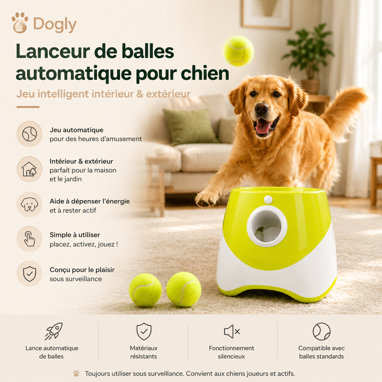 Lanceur de balles automatique pour chien – Jeu intelligent intérieur & extérieur